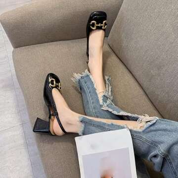 EDWRD Women's Mary Jane Shoes Sexy High Heels Horsebit Mary Jane Shoes Square Toe Block Heel Sandals,Black-38