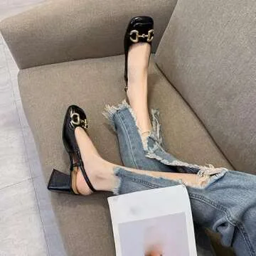 EDWRD Women's Mary Jane Shoes Sexy High Heels Horsebit Mary Jane Shoes Square Toe Block Heel Sandals,Black-38