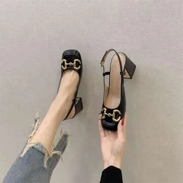 EDWRD Women's Mary Jane Shoes Sexy High Heels Horsebit Mary Jane Shoes Square Toe Block Heel Sandals,Black-38