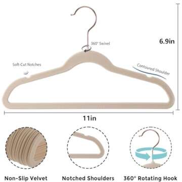 Tonswachic Baby Velvet Hangers 50 Pack - 11" Inch Premium Non Slip Kids Felt Hangers for Clothes - Ultra Thin Baby Felt Hangers for Toddler Kids' Closet with 10 Hanger Clips - Beige