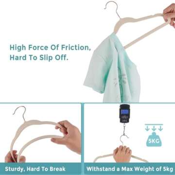 Tonswachic Baby Velvet Hangers 50 Pack - 11" Inch Premium Non Slip Kids Felt Hangers for Clothes - Ultra Thin Baby Felt Hangers for Toddler Kids' Closet with 10 Hanger Clips - Beige