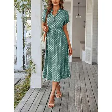 Milumia Women's Drawstring Waist Button Front Short Sleeve Casual A Line Midi Dress Green Medium