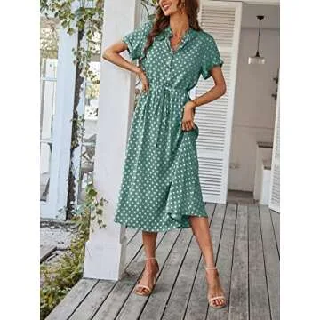 Milumia Women's Drawstring Waist Button Front Short Sleeve Casual A Line Midi Dress Green Medium