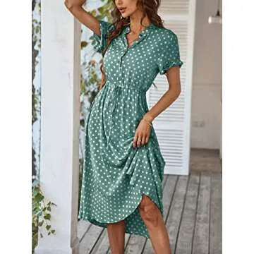 Milumia Women's Drawstring Waist Button Front Short Sleeve Casual A Line Midi Dress Green Medium