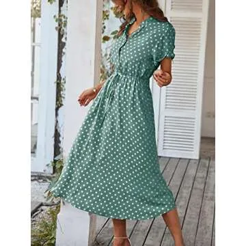 Milumia Women's Drawstring Waist Button Front Short Sleeve Casual A Line Midi Dress Green Medium