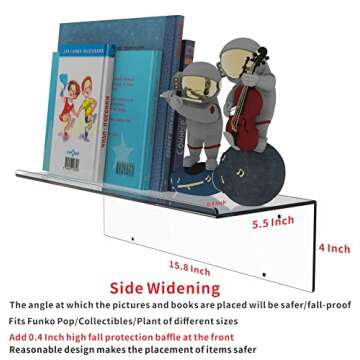 Clear Acrylic Floating Shelves Set of 4 for Lego Sets Funko Pop Collectibles Bookshelf Figures Plant Picture Photo Modern Wall Ledge Floating Shelf for Bedroom Decor Living Room Wall Mounted