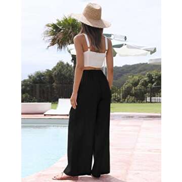 Faleave Women's Cotton Linen Summer Palazzo Pants Flowy Wide Leg Beach Trousers with Pockets(Black-M)