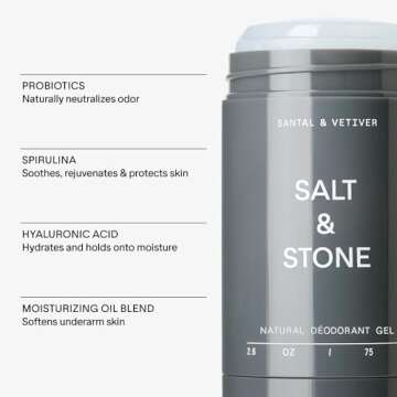 SALT & STONE Sensitive Skin Natural Deodorant Gel for Women & Men | Santal & Vetiver | Aluminum Free & Baking Soda Free For Sensitive Skin | Free From Parabens, Sulfates & Phthalates (2.6 oz)