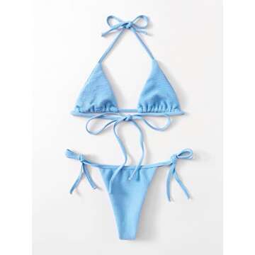 SOLY HUX Women's Metallic Halter Top Two Piece Swimsuit Tie Side Triangle Bikini Light Blue Plain M