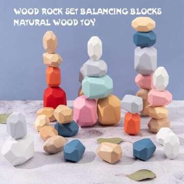 RubRab Wooden Rocks Stones Wood Balancing Stacked Stone Baby Building Block Montessori Toys Block Colored Stone Toys Educational Creative Toy Stacking Ornaments (36pcs Luxury Version)