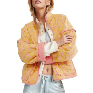 Wyeysyt Women's Cropped Puffer Jacket - Lightweight Floral Quilted Coat (Yellow Floral-S)