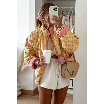 Stylish Women's Cropped Floral Puffer Jacket - Lightweight