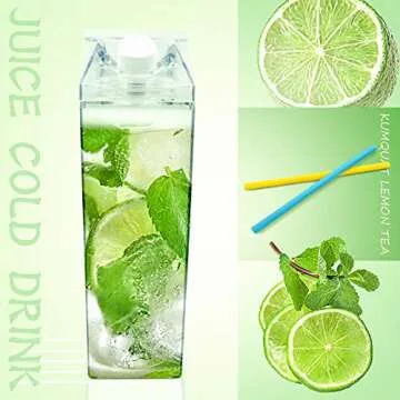 2 Pack 33oz Milk Carton Water Bottle -Clear Square Milk Bottles BPA Free Portable Water Bottle with Straws & Cleaning Brush and Bottle Brush for Outdoor Sports Travel Camping Activities(H06)