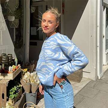 Women’s Y2K Valentine's Day Pullover Sweater Long Sleeve Preppy Knitted Sweatshirt Crew Neck Casual Jumper Top (Blue & White L)