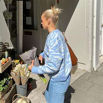 Women’s Y2K Valentine's Day Pullover Sweater Long Sleeve Preppy Knitted Sweatshirt Crew Neck Casual Jumper Top (Blue & White L)