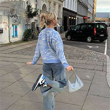 Women’s Y2K Valentine's Day Pullover Sweater Long Sleeve Preppy Knitted Sweatshirt Crew Neck Casual Jumper Top (Blue & White L)