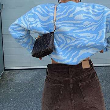 Women’s Y2K Valentine's Day Pullover Sweater Long Sleeve Preppy Knitted Sweatshirt Crew Neck Casual Jumper Top (Blue & White L)