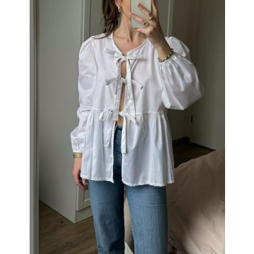 EsheSy Women's Bow Tie Front Babydoll Blouse for Summer Style