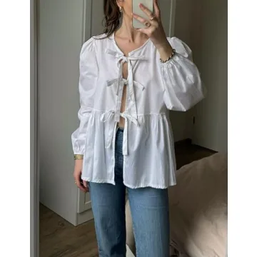 EsheSy Women's Bow Tie Front Babydoll Blouse for Summer Style