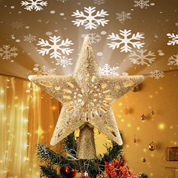 Christmas Star Tree Topper with Built-in Led Snowflake Projector Lights Hollowed Pentagram Tree Topp...