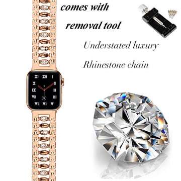 Moolia Bling Band Compatible with Apple Watch Band 38mm 40mm 41mm Women Candy Strap, for iwatch Series 7 6 5 4 3 2 1 SE Metal Jewelry Rhinestone Replacement Wristband Rose Gold