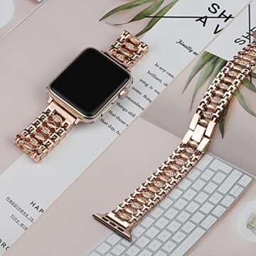 Moolia Bling Band Compatible with Apple Watch Band 38mm 40mm 41mm Women Candy Strap, for iwatch Series 7 6 5 4 3 2 1 SE Metal Jewelry Rhinestone Replacement Wristband Rose Gold