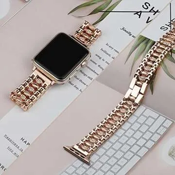 Moolia Bling Band Compatible with Apple Watch Band 38mm 40mm 41mm Women Candy Strap, for iwatch Series 7 6 5 4 3 2 1 SE Metal Jewelry Rhinestone Replacement Wristband Rose Gold