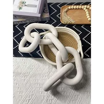 Wood Chain Link Decor - 18.9 Inch Length, 5-Link Boho Decor for Living Room, Farmhouse, Coffee Table (White)