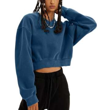 Dnzzs Cropped Hoodie Women Crop Sweatshirt V Neck Sweatshirt Women Oversized Hoodie Acid Wash Blue Hoodie Fleece Pullover Vintage Loose