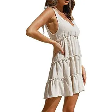 AIMCOO Women's Sleeveless Tie Shoulder Tiered Frill Swing Dress V Neck High Waist Loose Dresses Solid Mini Babydoll Dress Apricot