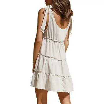 AIMCOO Women's Sleeveless Tie Shoulder Tiered Frill Swing Dress V Neck High Waist Loose Dresses Solid Mini Babydoll Dress Apricot