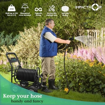 IMPACTHOR Garden Hose Reel Cart - 4 Wheels Heavy Duty Hose Cart, Nozzle & Waterproof Cover Cart Included - Holds up to 250 Feet 5/8 Inch Hose
