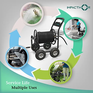 IMPACTHOR Garden Hose Reel Cart - 4 Wheels Heavy Duty Hose Cart, Nozzle & Waterproof Cover Cart Included - Holds up to 250 Feet 5/8 Inch Hose