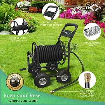 IMPACTHOR Garden Hose Reel Cart - 4 Wheels Heavy Duty Hose Cart, Nozzle & Waterproof Cover Cart Included - Holds up to 250 Feet 5/8 Inch Hose