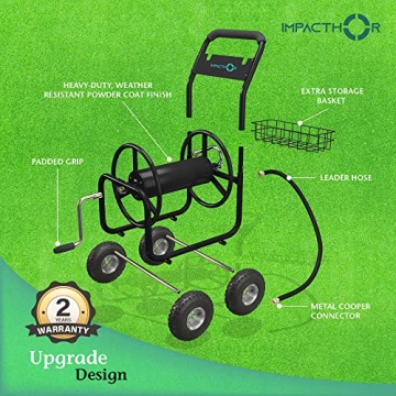 IMPACTHOR Garden Hose Reel Cart - 4 Wheels Heavy Duty Hose Cart, Nozzle & Waterproof Cover Cart Included - Holds up to 250 Feet 5/8 Inch Hose