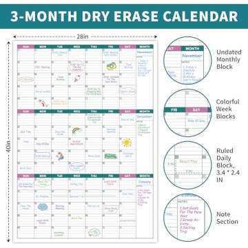Large Dry Erase Calendar for Wall - Undated 3 Month Wall Calendar, 28" x 40"(Vertical), Wall Calendar Dry Erase for Home, Office, Classroom
