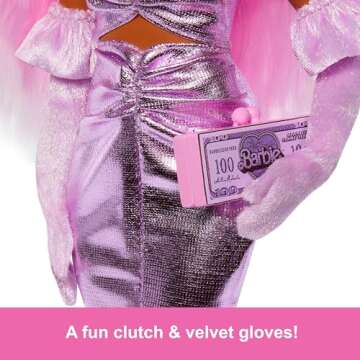 Barbie Deluxe Style Doll #1 in Barbiecore Outfit, Pink Hair and Glossy Pink Dress with Accessories Like Velvet Gloves, Money Purse, and More