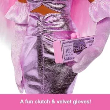 Barbie Deluxe Style Doll #1 in Barbiecore Outfit, Pink Hair and Glossy Pink Dress with Accessories Like Velvet Gloves, Money Purse, and More