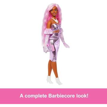 Barbie Deluxe Style Doll #1 in Barbiecore Outfit, Pink Hair and Glossy Pink Dress with Accessories Like Velvet Gloves, Money Purse, and More