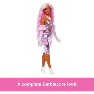 Barbie Deluxe Style Doll #1 in Barbiecore Outfit, Pink Hair and Glossy Pink Dress with Accessories Like Velvet Gloves, Money Purse, and More