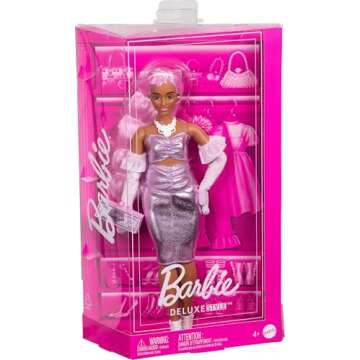 Barbie Deluxe Style Doll #1 in Barbiecore Outfit, Pink Hair and Glossy Pink Dress with Accessories Like Velvet Gloves, Money Purse, and More