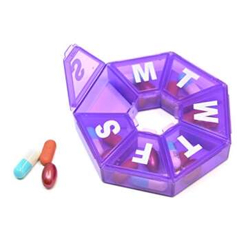 Pillthing Weekly 7 Sided Pill Organzier 3 pack 1 each of Blue Green Purple. Small Pill Box for Trave...