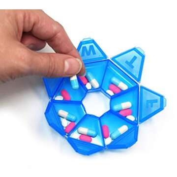 Pillthing Weekly 7 Sided Pill Organzier 3 pack 1 each of Blue Green Purple. Small Pill Box for Travel with Medical Alert Card
