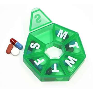 Pillthing Weekly 7 Sided Pill Organzier 3 pack 1 each of Blue Green Purple. Small Pill Box for Travel with Medical Alert Card