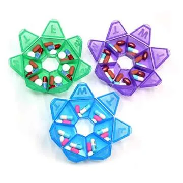 Pillthing Weekly 7 Sided Pill Organzier 3 pack 1 each of Blue Green Purple. Small Pill Box for Travel with Medical Alert Card