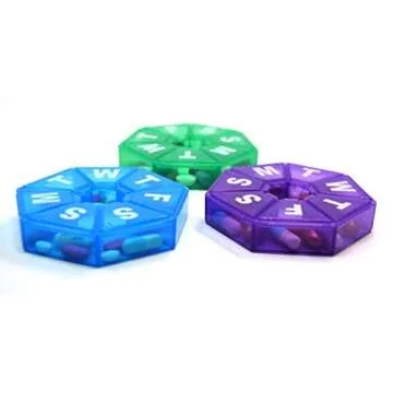 Pillthing Weekly 7 Sided Pill Organzier 3 pack 1 each of Blue Green Purple. Small Pill Box for Travel with Medical Alert Card