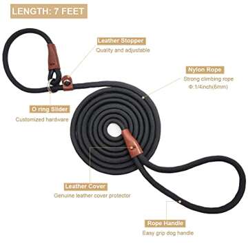 BTINESFUL 7ft Slip Lead Dog Leash, Strong Nylon Rope Leash, 1/4 & 1/2 inch Diam Dog Training Lead fo...