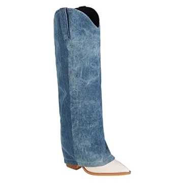Kluolandi Women's Stylish Denim Knee High Cowboy Boots