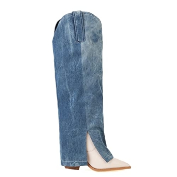 Kluolandi Women's Stylish Denim Knee High Cowboy Boots