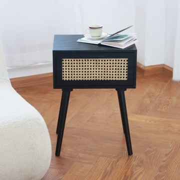 AWASEN Nightstand Mid Century Modern Side Table with Rattan Drawer, End Table with Storage and Solid...